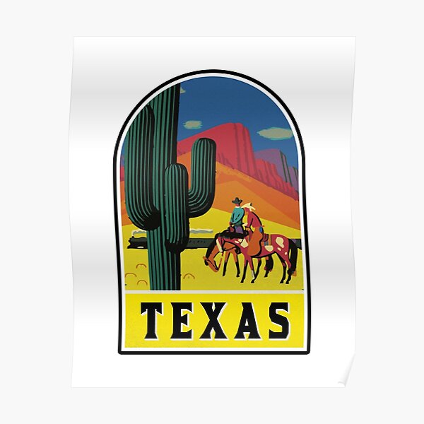 TEXAS VINTAGE TRAVEL WILD WEST COWBOY SAGUARO CACTUS TRAIN MOUNTAINS EL PASO Poster
