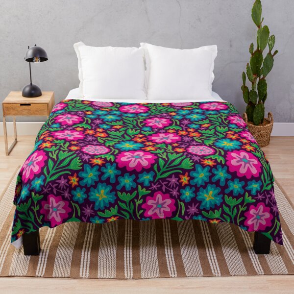 SAYULITA BRIGHT TROPICAL FLORAL in MEXICAN STYLE on Deep Purple - UnBlink Studio by Jackie Tahara Throw Blanket
