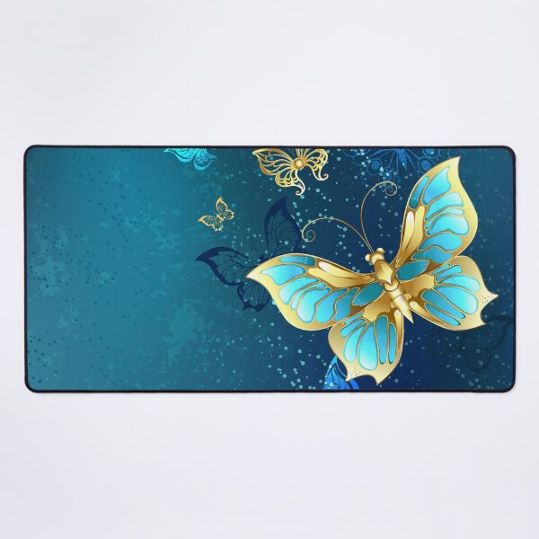 Golden Butterflies on a Blue Background Desk Mat