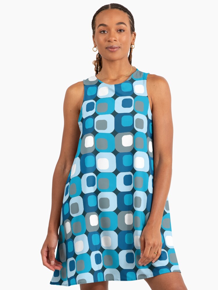 Retro Mod Blue Abstract Designer A-Line Dress