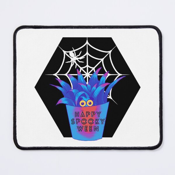 Item preview, Cute halloween blue, purple and red Dracaena house plant hiding from a spider with “happy spookyween” on its plant pot designed and sold by Steph-draws.