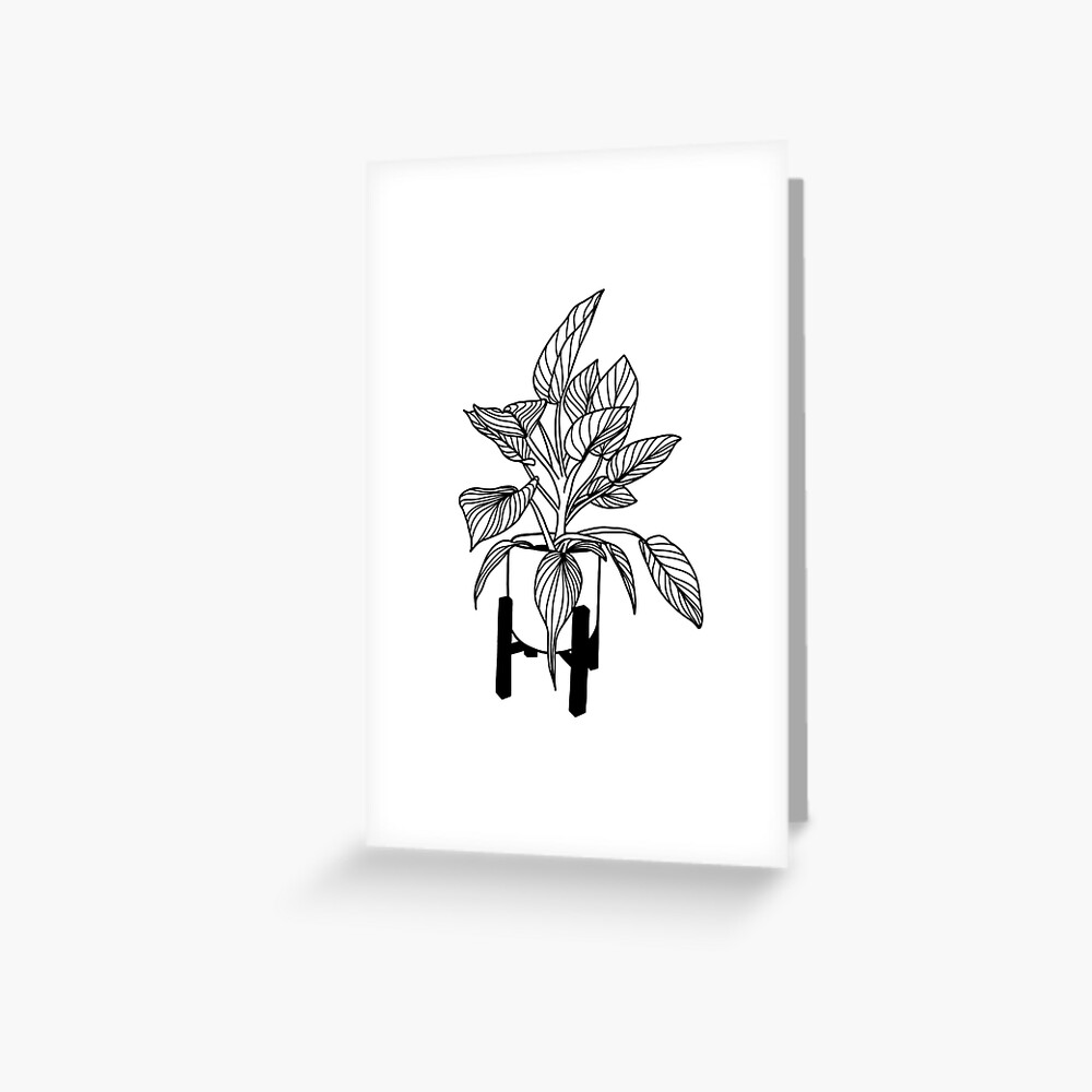 "Philodendron Birkin Houseplant Line Drawing" Greeting Card by