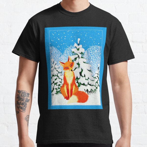 Red Fox in Falling Winter Snow with Pine Trees Classic T-Shirt