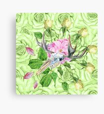 deer skull and green roses Canvas Print