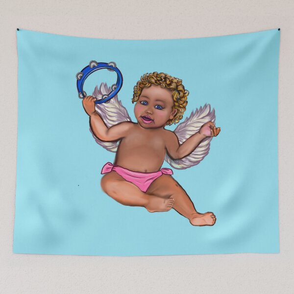 Item preview, Curly haired Angel playing the tambourine- blissful Sun kissed curly haired Baby cherub angel classical art designed and sold by Artonmytee.