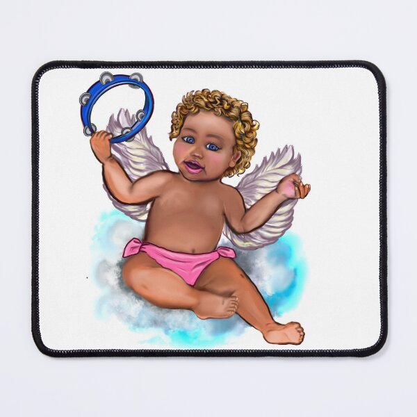 Item preview, Curly haired Angel playing the tambourine on a cloud- blissful Sun kissed curly haired Baby cherub angel classical art designed and sold by Artonmytee.