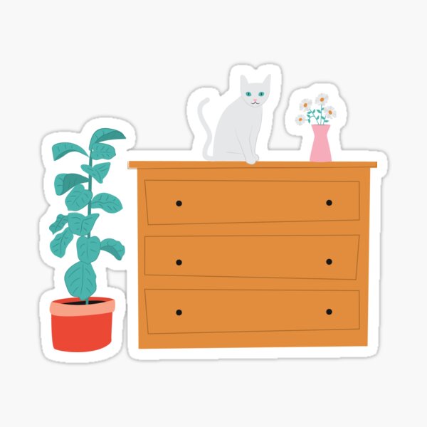 White cat sitting on chest of draws Sticker