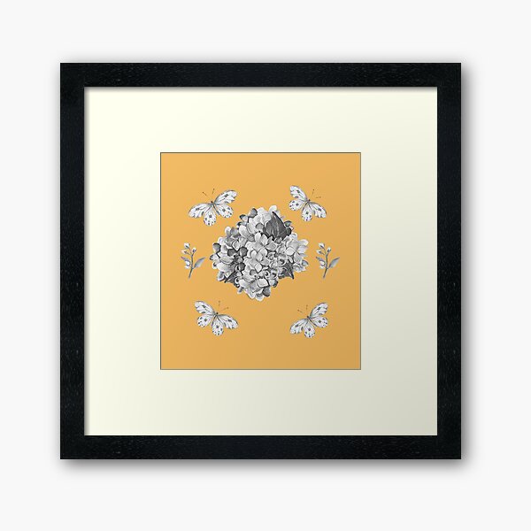 Flowers And Butterflies In Black And White Framed Art Print