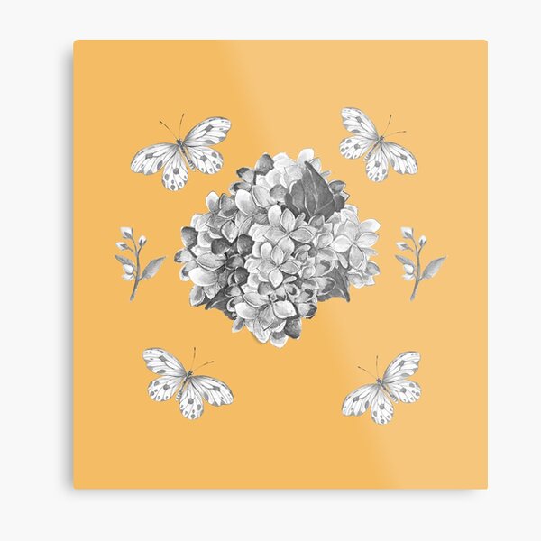 Flowers And Butterflies In Black And White Metal Print