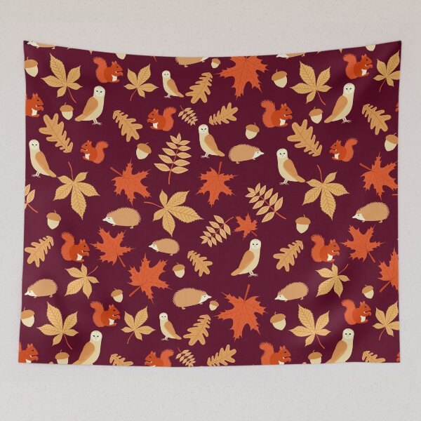 Item preview, Autumn Animals Squirrel Owl Hedgehog Leaves Deep Red designed and sold by cashewdays.