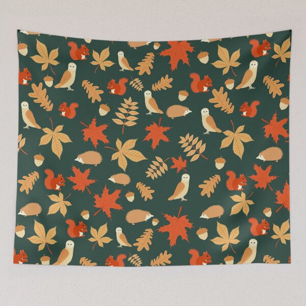 Item preview, Autumn Animals Squirrel Owl Hedgehog Green designed and sold by cashewdays.