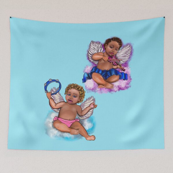 Item preview, Orchestra of Curly haired Angels playing the tambourine and violin clouds- blissful Sun kissed curly haired Baby cherub angel classical art designed and sold by Artonmytee.