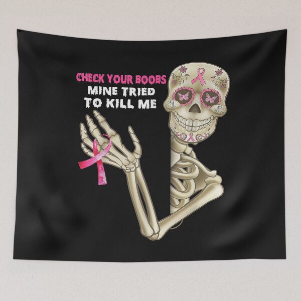 Aperçu de l'œuvre Check Your Boobs Mine Tried To Kill Me, Breast Cancer Tee T-Shirt créée et vendue par Amancio-Scott.