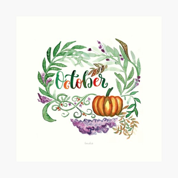 Oktober Handlettering mit floralem Aquarell und Kürbis Kunstdruck