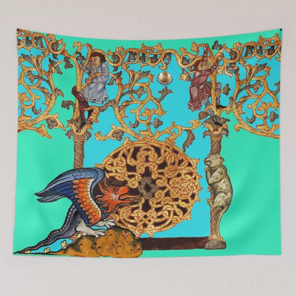 Item preview, MEDIEVAL BESTIARY,DRAGON IS COMING ,Wild Cat,Human Figures Among Celtic Knots Blue designed and sold by BulganLumini.