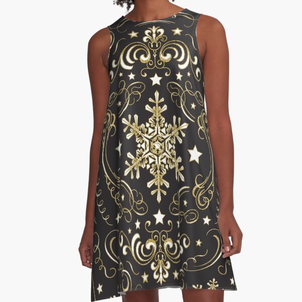 Ornate Snowflake Pattern - Black 2 A-Line Dress
