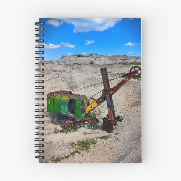 Item preview, Excavadora grande verde viejo y abandonado con pala amarilla pesada en cantera de piedra caliza. Técnica oxidada. Vista desde un lado. Día soleado de verano con cielos despejados y nubes blancas. designed and sold by trinitronboy.