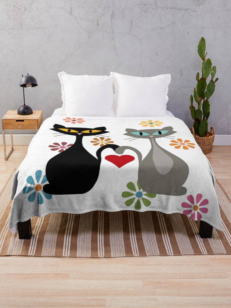 Thumbnail 1 of 6, Throw Blanket, Mid Century cats in love designed and sold by BattaAnastasia.