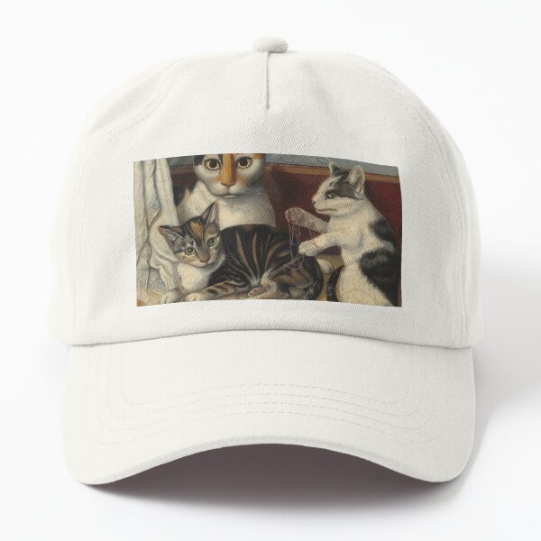American 19th Century Cat and Kittens Oil Painting 1872 Dad Hat