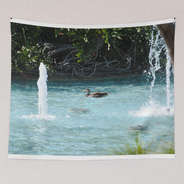 Item preview, Duck swimming at water pond blue with fountains designed and sold by FindYouByZ.