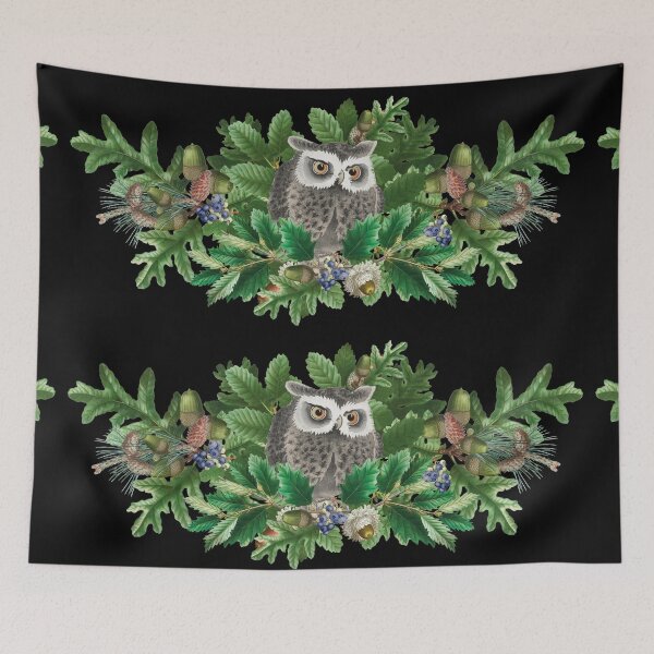 Item preview, Japanese Wise Owl With Vintage Retro Oak Leaves, Pine Cones And Blueberries designed and sold by TrulyEpoque.