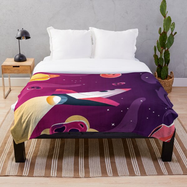 Spaceship Fly over the Outer Space Throw Blanket