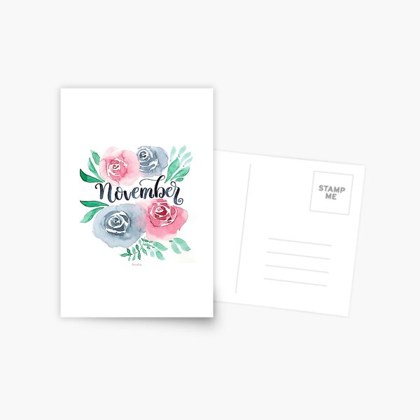 November Handlettering mit Aquarell Blumen Postkarte