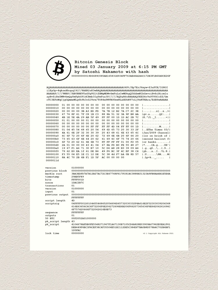 "Bitcoin - Original Genesis Block - Satoshi Nakamoto" Art Print for ...