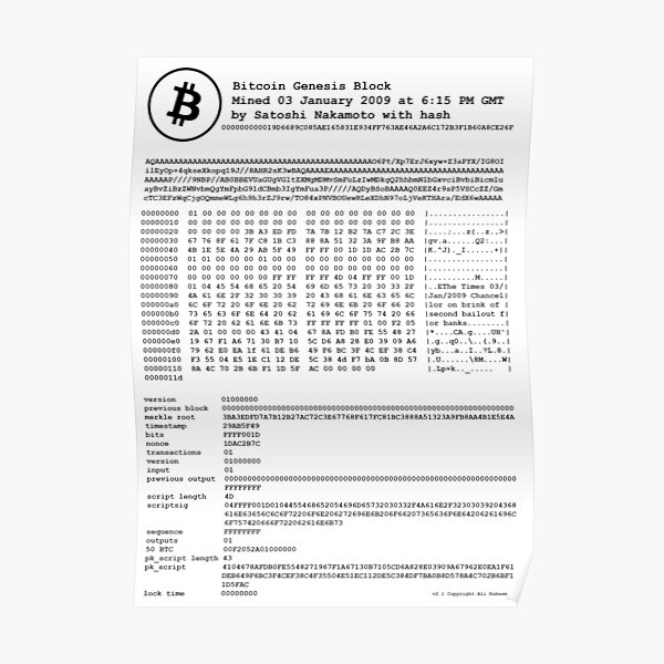 "Bitcoin - Original Genesis Block - Satoshi Nakamoto" Poster for Sale ...