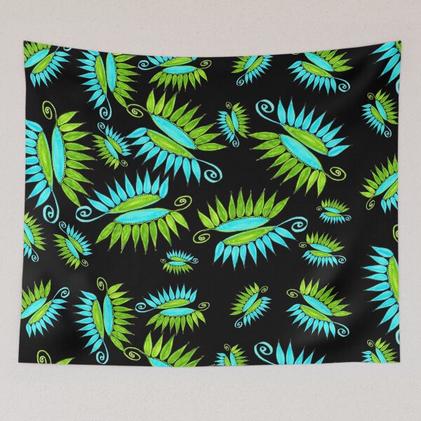 Item preview, Whimsical Flower Pods Pattern Blue Green Garden Art With Black Background Hand Drawn designed and sold by H3designs.