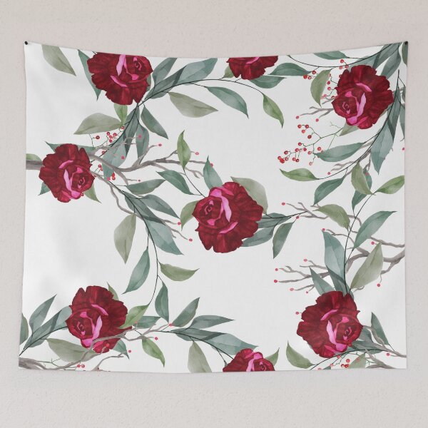 Item preview, Red Christmas Roses with Holy Berries & Lush Green Leaves designed and sold by BohemianFiction.