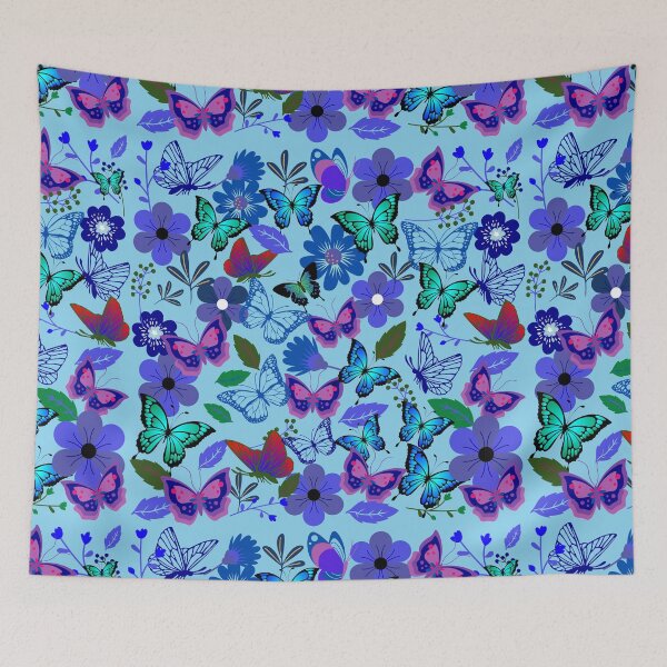 Item preview, Blue and Red Butterflies and Flowers on Sky Blue designed and sold by RiadMannan.