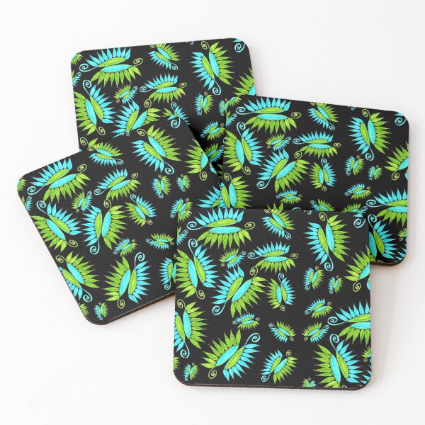 Item preview, Whimsical Flower Pods Pattern Blue Green Garden Art With Black Background Hand Drawn designed and sold by H3designs.