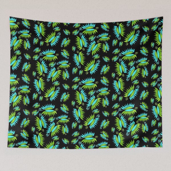 Item preview, Whimsical Flower Pods Pattern Blue Green Garden Art With Black Background Hand Drawn designed and sold by H3designs.