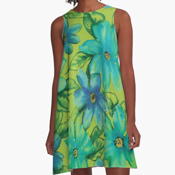 Item preview, Turquoise Flowers on Chartreuse Ground Watercolor designed and sold by Leslie Rogers Todder.