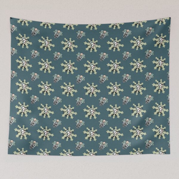 Item preview, seamless repeat pattern of Ilex and pine cones on dark blue designed and sold by colorofmagic.