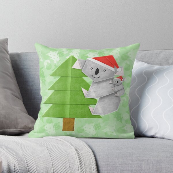 Origami Koala and Baby on Christmas Tree Throw Pillow