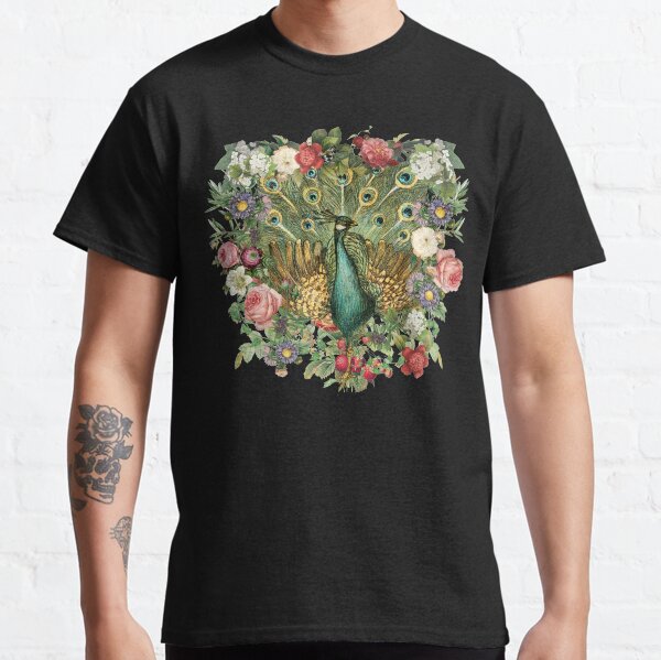 Ornate Indian Peacock And Beautiful Decorative Cascading Flowers Classic T-Shirt