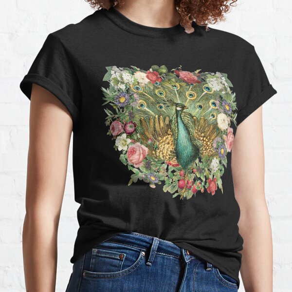 Ornate Indian Peacock And Beautiful Decorative Cascading Flowers Classic T-Shirt