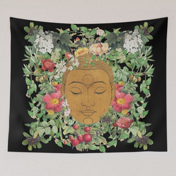 Item preview, Golden Buddha Head Eyes Closed Surrounded By Beautiful Flowers designed and sold by TrulyEpoque.
