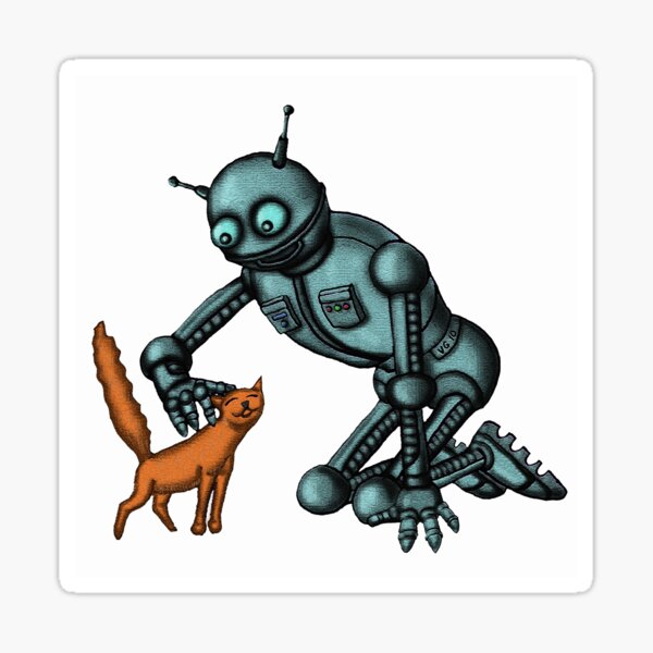 Funny Robot with Cat cartoon drawing art Sticker