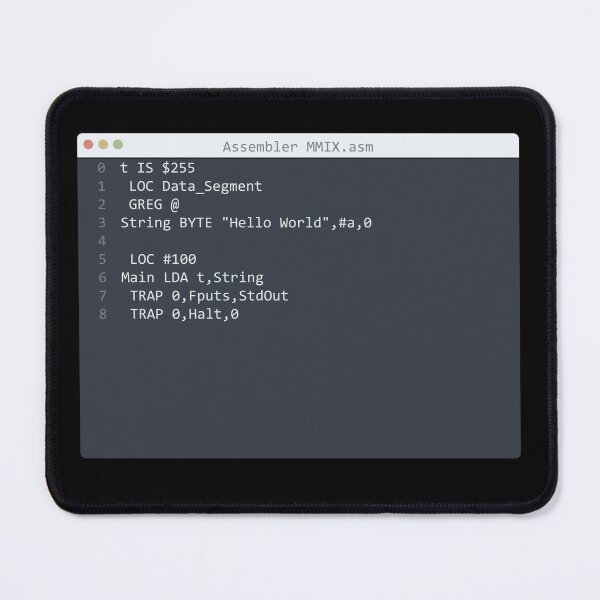 Artikelvorschau, . Assembler MMIX language Hello World program sample in editor window entworfen und verkauft von IuriiVlasenko.