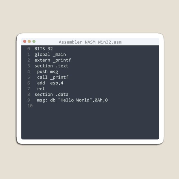 Artikelvorschau, . Assembler NASM Win32 language Hello World program sample in editor window entworfen und verkauft von IuriiVlasenko.