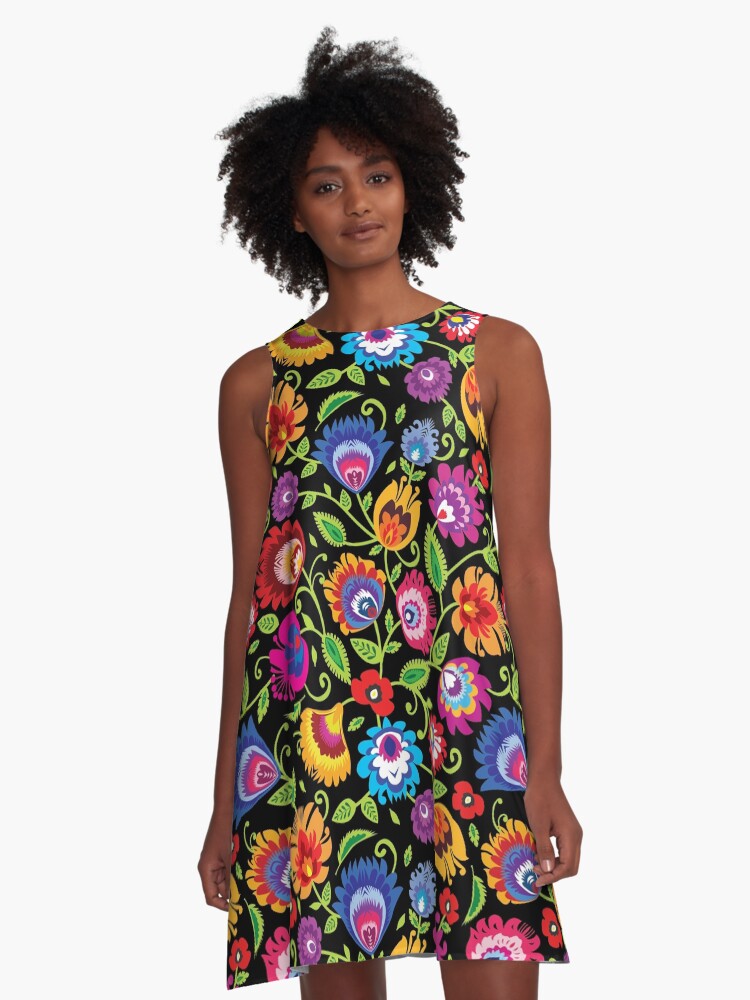 Vibrant Folklore flowers on black A Line Dress for Sale by FK UK Redbubble
