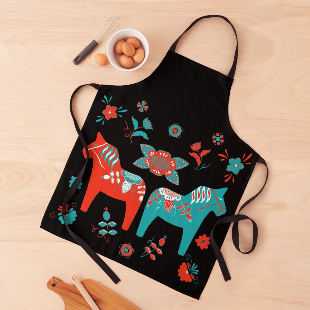 Folk Art - Swedish Dala Horses - Red Turquiose Apron