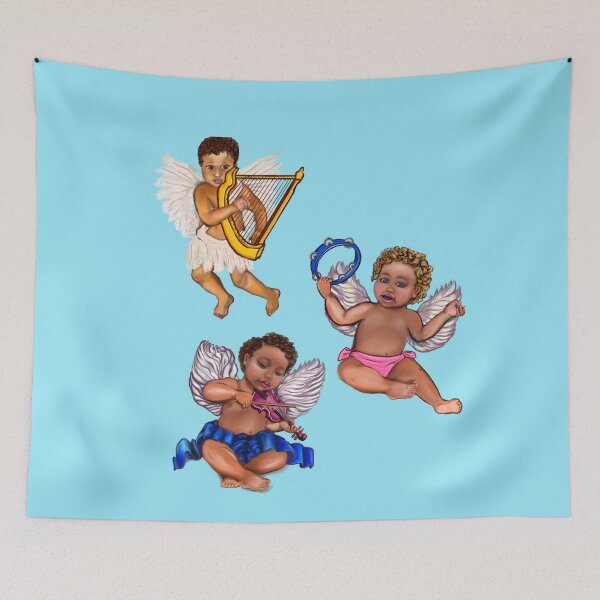 Item preview, Orchestra of Curly haired Angels playing the tambourine, violin and harp - blissful Sun kissed curly haired Baby cherub angel classical art designed and sold by Artonmytee.
