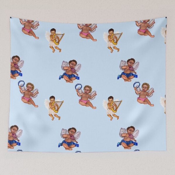 Item preview, Orchestra of Curly haired Angels in blue playing the tambourine, violin and harp - blissful Sun kissed curly haired Baby cherub angel classical art designed and sold by Artonmytee.