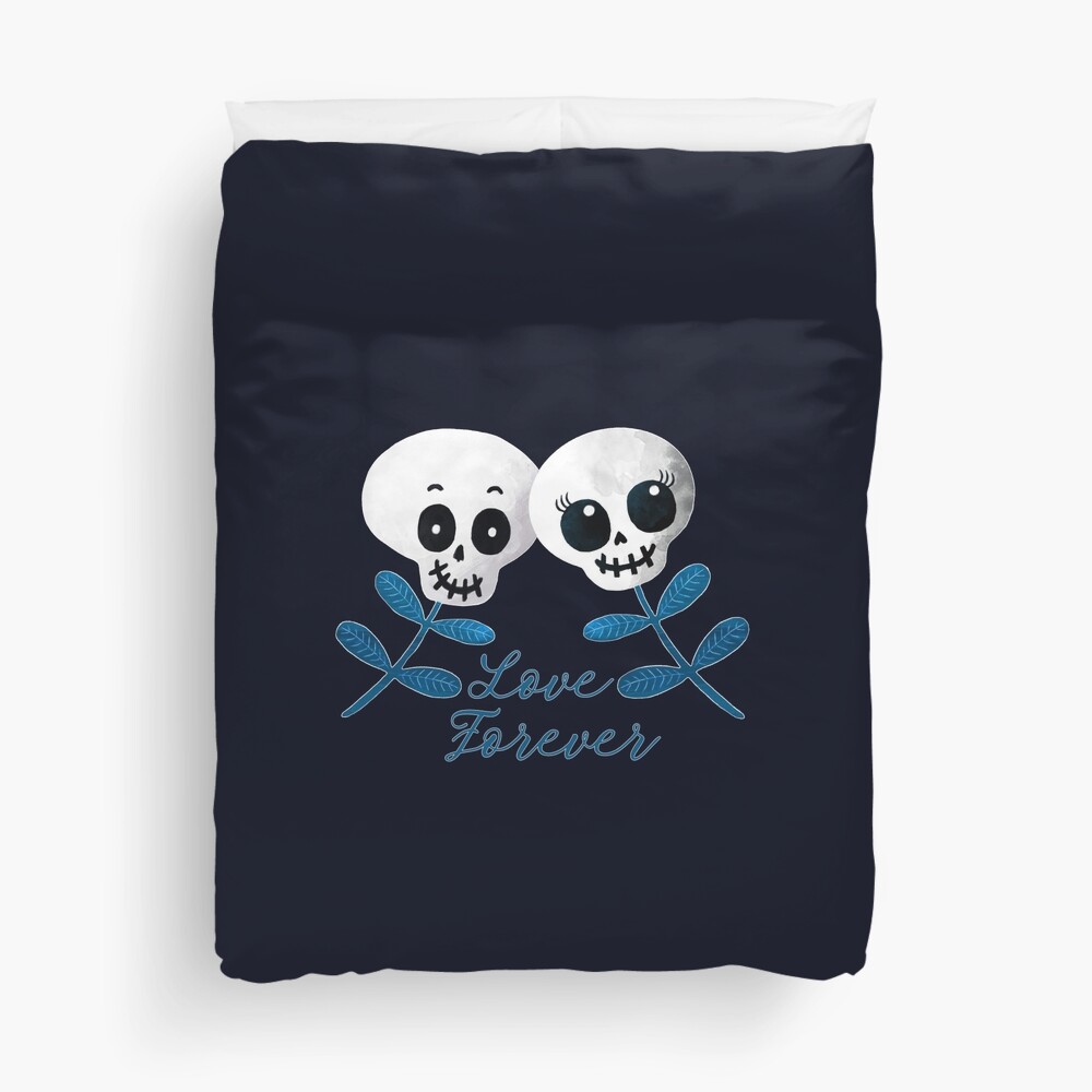 Discover Love Forever Two Cute Halloween Blue Flower Skulls Duvet Cover