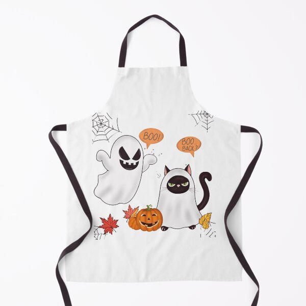 Item preview, Boo Back white ghost tries to scare a grumpy black cat in white sheet with pumpkin autumn leaves decorations spider web designed and sold by expresivedesign.