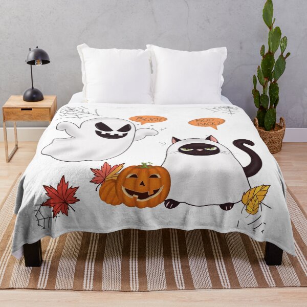 Item preview, Boo Back white ghost tries to scare a grumpy black cat in white sheet with pumpkin autumn leaves decorations spider web designed and sold by expresivedesign.